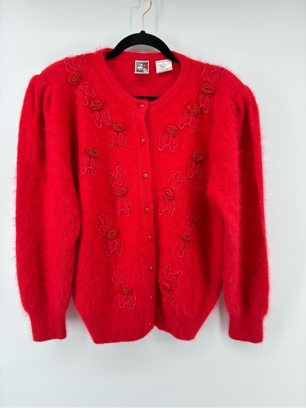 Vintage Red Floral Rose Embroidered Angora Blend Cardigan Sweater Bold Red